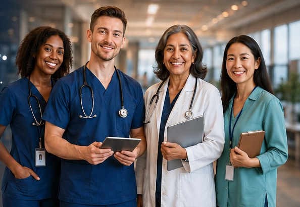 Four smiling healthcare professionals from different disciplines standing together
